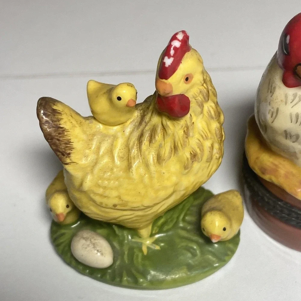 3 Beautiful Porcelain Hen-Rooster Figurines (One Is A Trinket Box)